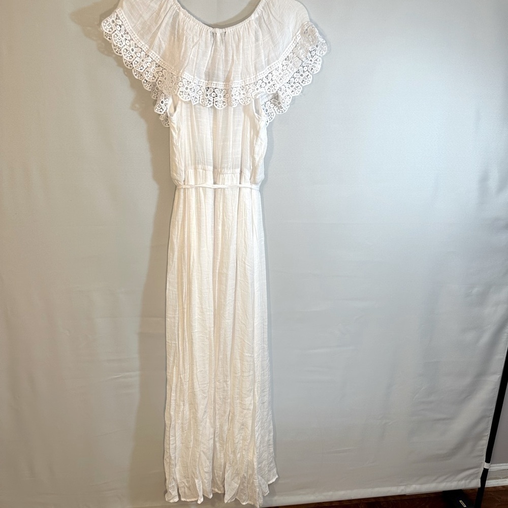 Mille Gabrielle Off The Shoulder Lace Trim Maxi White Dress Belt Lined Size L - Picture 3 of 13